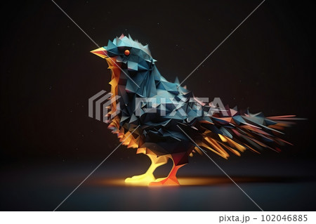 Futuristic glowing low poly flying bird, abstract dark bird isolated on dark background made with generative AI 102046885