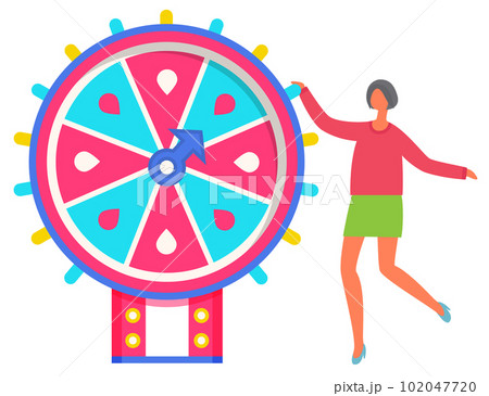 Game fortune wheel concept. Girl playing risk game with fortune wheel and lottery, gambling template 102047720