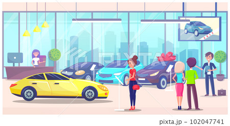 Car center, woman customer buyer choosing automobile in car store, clients talking with manager 102047741