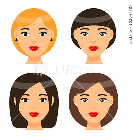 Set of women with different haircuts or hairstyles, cartoon character heads, beautiful female faces 102047787
