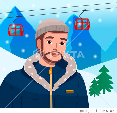 Traveler young bearded man resting in a ski resort stands against the backdrop of snowy hills Traveler young bearded man resting in a ski resort stands against the backdrop of snowy hills 102048187