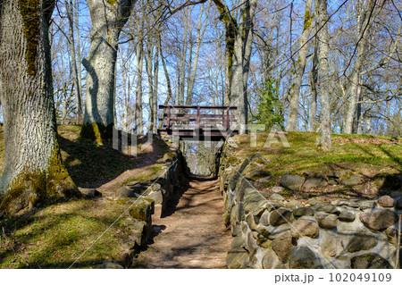 A very scenic little wooden bridge. The small streets of the park walk between the trees 102049109