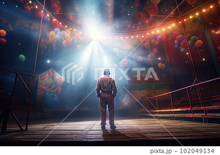 Fictional clown on stage under spotlights made with generative AI Fictional clown on stage under spotlights made with generative AI 102049134