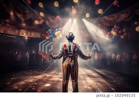 Fictional clown on stage under spotlights made with generative AI Fictional clown on stage under spotlights made with generative AI 102049135