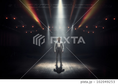 Fictional clown on stage under spotlights made with generative AI Fictional clown on stage under spotlights made with generative AI 102049253