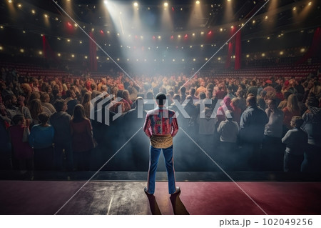 Fictional clown on stage under spotlights made with generative AI Fictional clown on stage under spotlights made with generative AI 102049256