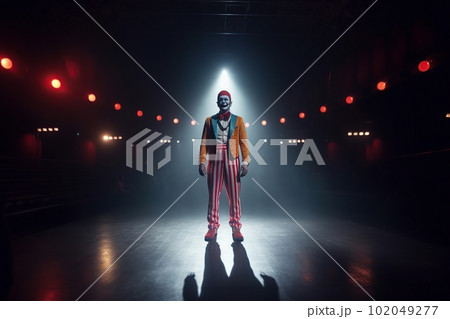 Fictional clown on stage under spotlights made with generative AI Fictional clown on stage under spotlights made with generative AI 102049277