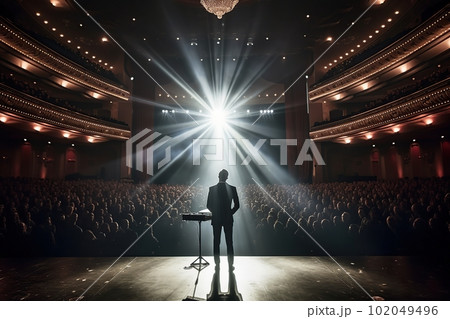 Fictional man musician on the stage in the light of spotlights made with generative AI Fictional man musician on the stage in the light of spotlights made with generative AI 102049496