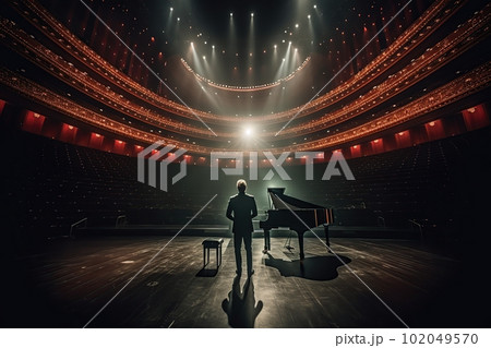 Fictional musician at the piano on the big stage of a luxury concert hall made with generative AI 102049570