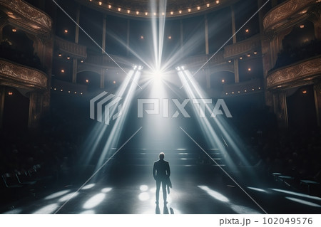 Fictional male artist on the big stage of an empty concert hall in the light of spotlights made with generative AI Fictional male artist on the big stage of an empty concert hall in the light of spotlights made with generative AI 102049576