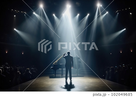 Fictional musician at the piano on the big stage of a luxury concert hall made with generative AI 102049685