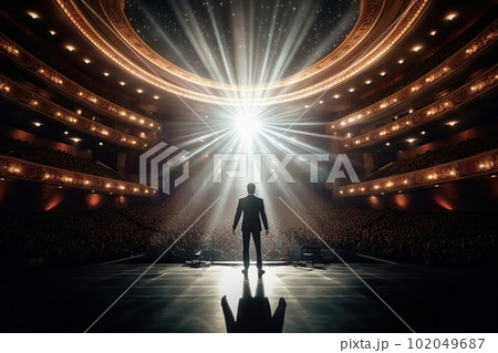 Fictional man musician on the stage in the light of spotlights made with generative AI 102049687