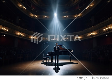 Cartoon musician at the piano on the big stage of a luxury concert hall made with generative AI 102049688