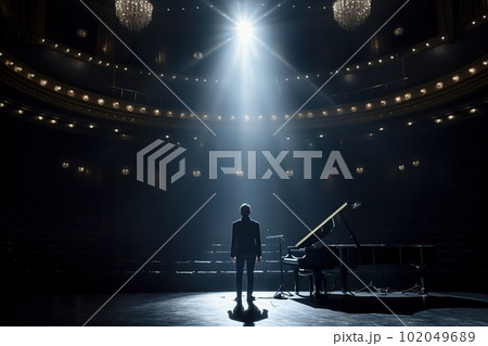 Fictional musician at the piano on the big stage of a luxury concert hall made with generative AI 102049689