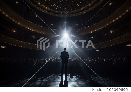 Fictional man musician on the stage in the light of spotlights made with generative AI Fictional man musician on the stage in the light of spotlights made with generative AI 102049696