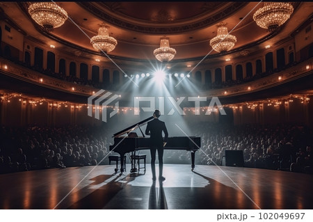 Fictional musician at the piano on the big stage of a luxury concert hall made with generative AI Fictional musician at the piano on the big stage of a luxury concert hall made with generative AI 102049697