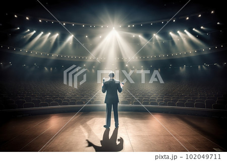 Fictional male artist on the big stage of an empty concert hall in the light of spotlights made with generative AI Fictional male artist on the big stage of an empty concert hall in the light of spotlights made with generative AI 102049711