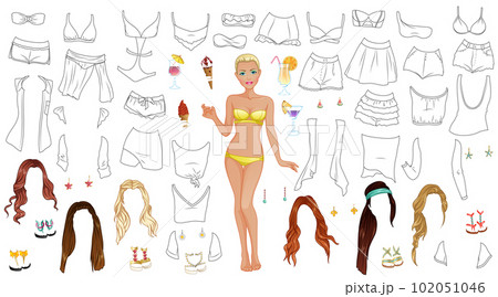 Spring Break Coloring Paper Doll with Swimsuits, Hairstyles and Accessories. Vector Illustration Spring Break Coloring Paper Doll with Swimsuits, Hairstyles and Accessories. Vector Illustration 102051046