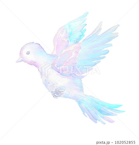 水彩で描いたパステルカラーの羽ばたく鳥のイラスト素材 [102052855