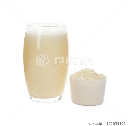 Protein shake and powder isolated on white Protein shake and powder isolated on white 102053103