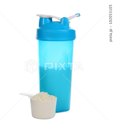 Protein shake and powder isolated on white 102053105