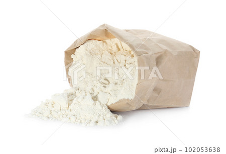 Overturned paper bag of flour isolated on white Overturned paper bag of flour isolated on white 102053638