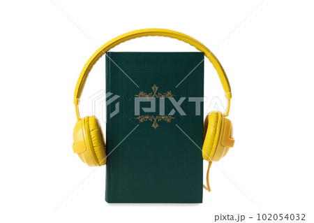 Book and modern headphones isolated on white Book and modern headphones isolated on white 102054032