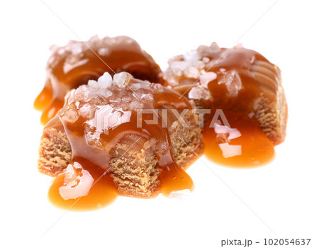 Delicious salted caramel with sauce on white background 102054637