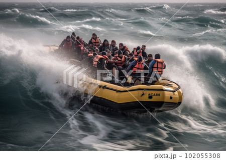 Young North Africans who flee into the sea with their boat during illegal immigration. Generative AI 102055308