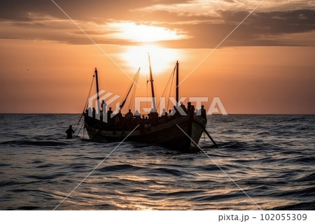 Young North Africans who flee into the sea with their boat during illegal immigration. Generative AI 102055309