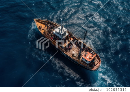 Top view of Mediterranean migrants into the sea with their boat during illegal immigration. Generative AI 102055313