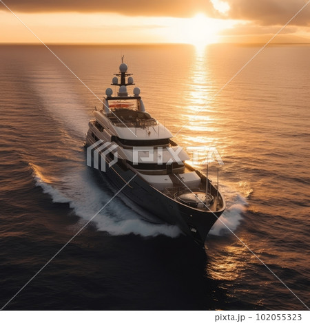 Front aerial view of super Yacht at the sunset. Generative AI 102055323