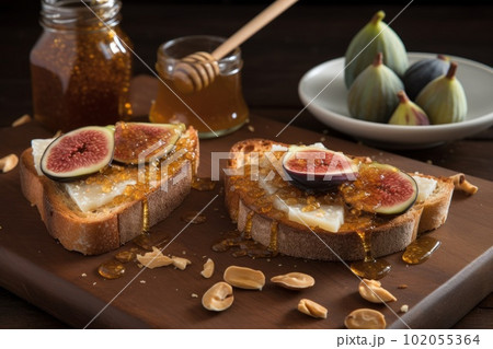 Toast with a drizzle of raw bee's honey and fresh fig jam. Generative Ai 102055364