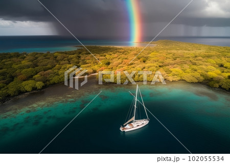 Aerial view of the yacht sailing into a magical lagoon surrounded by a rainbow. Tropical flowers bloom along the pebbling shores reflecting the hues of the rainbow. Generative AI. 102055534