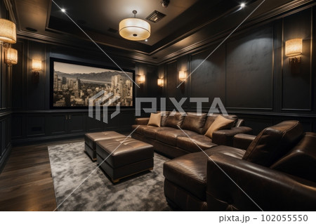 Private home theater. Depict a state-of-the-art home theater with plush seating, surround sound, and a large screen for an immersive movie experience. Generative AI 102055550