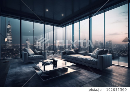 Living room with a view: Illustrate a luxurious living room in a penthouse with floor-to-ceiling windows offering a stunning view of the city skyline at night. Generative Ai Living room with a view: Illustrate a luxurious living room in a penthouse with floor-to-ceiling windows offering a stunning view of the city skyline at night. Generative Ai 102055560
