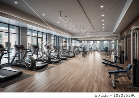Fitness center: Show a fitness center with state-of-the-art equipment, a yoga studio, and a personal trainer on hand to provide guidance and support.. Generative AI 102055596