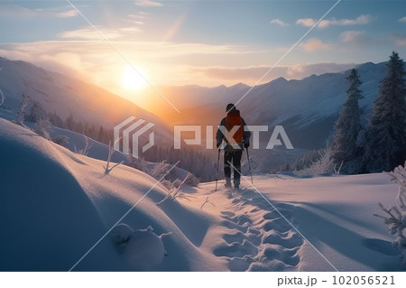 Back view of mountaineer backcountry ski waling in the mountains. Ski touring in high alpine landscape with snowy trees at the sunset. Generative AI. Back view of mountaineer backcountry ski waling in the mountains. Ski touring in high alpine landscape with snowy trees at the sunset. Generative AI. 102056521