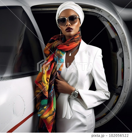 Fashion black woman model near airplane. Generative ai. Fashion black woman model near airplane. Generative ai. 102056522