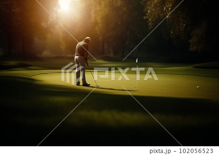 A male golfer playing a game on a green field in summer. Generative AI. A male golfer playing a game on a green field in summer. Generative AI. 102056523