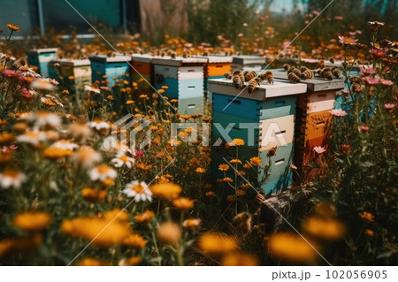 Sunlit scene featuring a field of colorful, blossoming flowers, with bees busily flying from flower to flower, collecting nectar to create sweet, delicious honey back at their hive. Generative Ai. 102056905