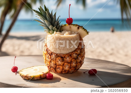 A frozen, pina colada, served in a chilled, coconut shaped container, garnished with pineapple and cherry and , ice filled scene that contrasts with the warm, sandy beach. Generative Ai 102056930