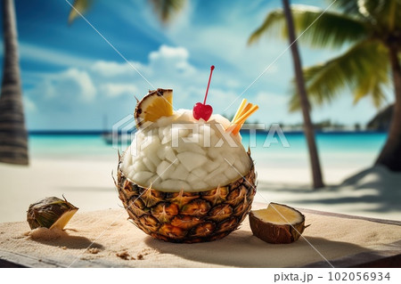 A frozen, pina colada, served in a chilled, coconut shaped container, garnished with pineapple and cherry and , ice filled scene that contrasts with the warm, sandy beach. Generative Ai 102056934