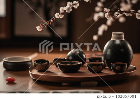 A captivating, Japanese-inspired sake presentation, with a traditional sake set, including a ceramic flask and small cups, surrounded by cherry blossoms and minimalist decor. Generative AI A captivating, Japanese-inspired sake presentation, with a traditional sake set, including a ceramic flask and small cups, surrounded by cherry blossoms and minimalist decor. Generative AI 102057001