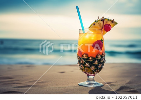A refreshing, tropical cocktail, served in a stylish glass and garnished with a vibrant paper umbrella, fresh fruit, and a colorful straw, set against a sunlit beach backdrop. Generative AI 102057011