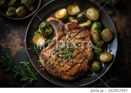 A plate of pork chops with roasted Brussels sprouts and garlic. Generative Ai A plate of pork chops with roasted Brussels sprouts and garlic. Generative Ai 102057047