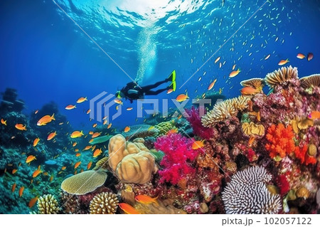 A stunning, underwater image of a scuba diver exploring a colorful coral reef, surrounded by a variety of marine life and crystal-clear waters. Generative AI. A stunning, underwater image of a scuba diver exploring a colorful coral reef, surrounded by a variety of marine life and crystal-clear waters. Generative AI. 102057122