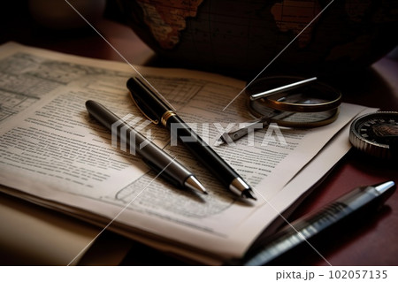 A detailed, close-up shot of essential documents or tools related to the global economy, such as international trade agreements, tax forms, or financial reports. Generative AI 102057135