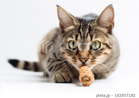 A playful, action shot of a cat capturing and chewing on a toy or snack, showcasing the feline's natural hunting instincts and the joy it finds in playtime, on white background. 102057192