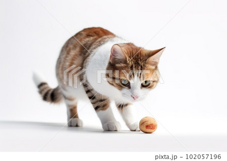 A playful, action shot of a cat capturing and chewing on a toy or snack, showcasing the feline's natural hunting instincts and the joy it finds in playtime, on white background. 102057196